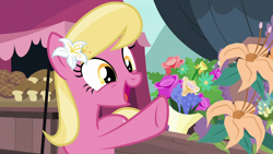 Size: 1280x720 | Tagged: safe, screencap, character:lily, character:lily valley, species:earth pony, species:pony, episode:it isn't the mane thing about you, g4, my little pony: friendship is magic, cute, female, flower, happy, lily (flower), mare, open mouth, solo