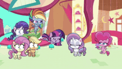 Size: 1920x1080 | Tagged: safe, screencap, character:applejack, character:fluttershy, character:pinkie pie, character:potion nova, character:rainbow dash, character:rarity, character:twilight sparkle, character:twilight sparkle (alicorn), species:alicorn, species:earth pony, species:pegasus, species:pony, species:unicorn, episode:meet potion nova!, g4.5, my little pony:pony life, spoiler:pony life s01e21, animated, bipedal, bipedal leaning, female, leaning, lightning, mare, potion, sound, thunder, webm