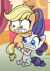 Size: 500x713 | Tagged: safe, screencap, character:applejack, character:rarity, species:earth pony, species:pony, species:unicorn, episode:sick day, g4.5, my little pony:pony life, spoiler:pony life s01e20, carrying, female, holding, hug, mare, scared