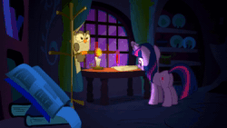 Size: 1920x1080 | Tagged: safe, screencap, character:owlowiscious, character:twilight sparkle, species:pony, species:unicorn, episode:owl's well that ends well, g4, my little pony: friendship is magic, animated, candlelight, female, golden oaks library, mare, night, no sound, webm