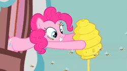 Size: 1920x1080 | Tagged: safe, screencap, character:pinkie pie, species:earth pony, species:pony, episode:apple family reunion, g4, my little pony: friendship is magic, animated, bee, beehive, burp, eating, female, food, honey, insect, licking, licking lips, mare, sound, tongue out, webm