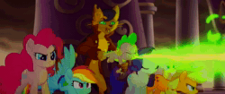 Size: 1912x804 | Tagged: safe, screencap, character:applejack, character:capper dapperpaws, character:fluttershy, character:pinkie pie, character:rainbow dash, character:rarity, character:spike, character:tempest shadow, character:twilight sparkle, species:alicorn, species:dragon, species:earth pony, species:pegasus, species:pony, species:unicorn, g4, my little pony: the movie (2017), animated, behaving like a weapon, broken horn, clothing, dragonfire, female, fire, fire breath, green fire, horn, laughing, male, mare, no sound, on fire, storm guard, webm, you know for kids, zippo spike