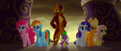 Size: 1912x804 | Tagged: safe, screencap, character:applejack, character:capper dapperpaws, character:fluttershy, character:pinkie pie, character:rainbow dash, character:rarity, character:spike, species:abyssinian, species:dragon, species:earth pony, species:pegasus, species:pony, species:unicorn, g4, my little pony: the movie (2017), animated, behaving like a weapon, cackling, clothing, dragonfire, fangs, female, fire, fire breath, green fire, horn, laughing, male, mare, on fire, sound, storm guard, webm, you know for kids, zippo spike