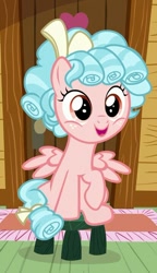 Size: 413x715 | Tagged: safe, screencap, character:cozy glow, species:pegasus, species:pony, episode:marks for effort, g4, my little pony: friendship is magic, cozybetes, cute, female, filly, freckles, looking at you, solo, stool