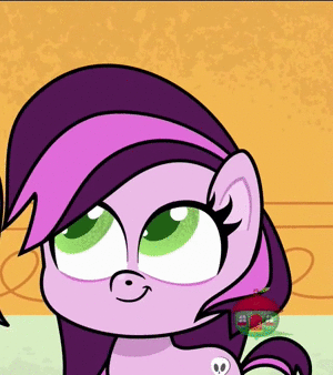Size: 300x338 | Tagged: safe, screencap, species:pony, derpibooru, episode:how applejack got her hat back, g4.5, my little pony:pony life, spoiler:pony life s01e04, animated, cropped, cute, everything is ruined, gif, juxtaposition, meta, solo, squishy cube, treehouse logo, unnamed character, unnamed pony