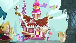 Size: 1280x720 | Tagged: safe, screencap, character:merry may, character:rainbowshine, character:sassaflash, character:sea swirl, species:pegasus, species:pony, species:unicorn, episode:too many pinkie pies, g4, my little pony: friendship is magic, background pony, building, female, flying, mare, ponyville, sugarcube corner, walking