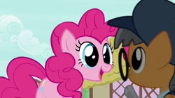 Size: 1162x657 | Tagged: safe, screencap, character:pinkie pie, species:earth pony, species:pony, episode:daring done, background pony, colt, cute, diapinkes, female, glasses, male, mare, open mouth, ponyville, printing press (character), smiling, unnamed character, unnamed pony