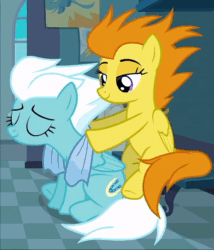 Size: 568x665 | Tagged: safe, screencap, character:blaze, character:fleetfoot, species:pegasus, species:pony, episode:newbie dash, g4, my little pony: friendship is magic, animated, eyes closed, female, locker room, mare, massage, no sound, sitting, towel, webm