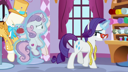 Size: 1920x1080 | Tagged: safe, screencap, character:rarity, character:sweetie belle, species:pony, species:unicorn, episode:growing up is hard to do, g4, my little pony: friendship is magic, bow tie, clothing, female, filly, glasses, glowing horn, hat, horn, magic, mannequin, mare, measuring tape, pincushion, siblings, sisters, telekinesis, top hat