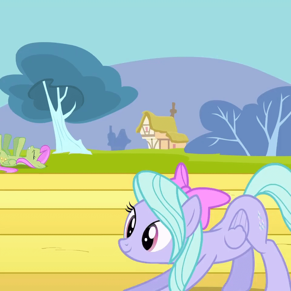 Size: 960x960 | Tagged: safe, screencap, character:blossomforth, character:cloud kicker, character:cloudchaser, character:derpy hooves, character:flitter, character:silverspeed, character:sunshower raindrops, character:thunderlane, character:white lightning, species:pegasus, species:pony, derpibooru, episode:hurricane fluttershy, g4, my little pony: friendship is magic, absurd file size, absurd gif size, animated, background pony, cropped, gif, juxtaposition, meta