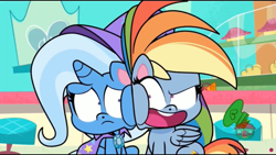 Size: 1136x640 | Tagged: safe, screencap, character:rainbow dash, character:trixie, species:pegasus, species:pony, species:unicorn, episode:friendship gems, g4.5, my little pony:pony life, spoiler:pony life s01e17, cape, cheek squish, clothing, face to face, hat, squishy cheeks