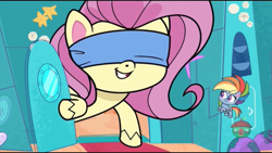 Size: 1136x640 | Tagged: safe, screencap, character:fluttershy, character:rainbow dash, species:pegasus, species:pony, episode:dol-fin-ale, g4.5, my little pony:pony life, spoiler:pony life s01e18, blindfold, female, giantess, giantshy, macro