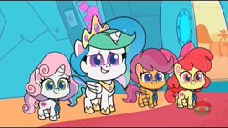 Size: 1136x640 | Tagged: safe, screencap, character:apple bloom, character:princess celestia, character:scootaloo, character:sweetie belle, species:alicorn, species:earth pony, species:pegasus, species:pony, species:unicorn, episode:dol-fin-ale, g4.5, my little pony:pony life, spoiler:pony life s01e18, adorabloom, cute, cutealoo, cutie mark crusaders, diasweetes