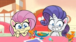 Size: 1669x931 | Tagged: safe, screencap, character:fluttershy, character:rarity, episode:friendship gems, g4.5, my little pony:pony life, spoiler:pony life s01e17, grin, hooves on cheeks, introvert's nightmare, smiling