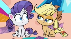 Size: 1115x621 | Tagged: safe, screencap, character:applejack, character:rarity, episode:a camping we will go, g4.5, my little pony:pony life, spoiler:pony life s01e15, sitting