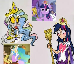 Size: 2453x2139 | Tagged: safe, artist:citi, screencap, character:discord, character:twilight sparkle, character:twilight sparkle (alicorn), species:alicorn, species:human, species:pony, episode:dungeons & discords, episode:princess twilight sparkle, g4, my little pony: friendship is magic, big crown thingy, crown, discord's celestia face, element of magic, fangs, humanized, jewelry, pointing, regalia, scene interpretation, scepter, screen, screencap reference, twilight is not amused, twilight scepter, unamused