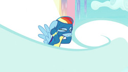 Size: 1920x1080 | Tagged: safe, screencap, character:rainbow dash, species:pegasus, species:pony, episode:growing up is hard to do, g4, my little pony: friendship is magic, clothing, solo, uniform, wonderbolts uniform