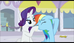Size: 1024x600 | Tagged: safe, screencap, character:rainbow dash, character:rarity, species:pegasus, species:pony, species:unicorn, episode:rarity investigates, g4, my little pony: friendship is magic, boop, cloudsdale, cute, dashabetes, discovery family logo, duo, eyes closed, female, hooves behind head, raised hoof, raribetes, sitting, stadium, sunscreen
