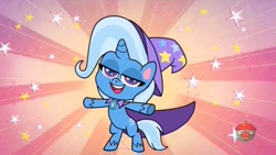 Size: 1280x720 | Tagged: safe, screencap, character:trixie, species:pony, species:unicorn, episode:friendship gems, g4.5, my little pony:pony life, spoiler:pony life s01e17, bipedal, cape, clothing, female, hat, mare, solo, treehouse logo