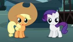 Size: 494x287 | Tagged: safe, screencap, character:apple bloom, character:applejack, character:rarity, character:sweetie belle, species:earth pony, species:pony, species:unicorn, episode:magic duel, g4, my little pony: friendship is magic, applejack's hat, clothing, cowboy hat, cropped, cute, disguise, female, filly, filly applejack, filly rarity, foal, hat, jackabetes, looking at you, ponyville, raribetes, statue, younger