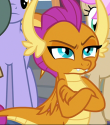 Size: 634x722 | Tagged: safe, screencap, character:smolder, species:dragon, episode:school raze, g4, my little pony: friendship is magic, claws, cropped, crossed arms, dragoness, fangs, female, horns, narrowed eyes, raised eyebrow, solo focus, suspicious, teenaged dragon, teenager