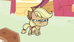 Size: 1458x828 | Tagged: safe, screencap, character:applejack, species:earth pony, species:pony, episode:sick day, g4.5, my little pony:pony life, spoiler:pony life s01e20, applejack's hat, book, clothing, cowboy hat, freckles, hat, sick, sniffles, sniffling, solo, sugarcube corner, upset