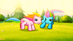 Size: 1246x701 | Tagged: safe, screencap, character:rainbow dash (g3), character:rarity (g3), episode:greetings from unicornia, g3, cute, duo, g3 dashabetes, g3 raribetes, outdoors, tree, wish you were here (song)
