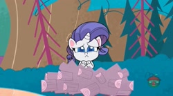 Size: 1667x929 | Tagged: safe, screencap, character:rarity, species:pony, species:unicorn, episode:a camping we will go, g4.5, my little pony:pony life, spoiler:pony life s01e15, female, mare, sad, solo, treehouse logo