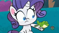 Size: 1665x929 | Tagged: safe, screencap, character:rarity, species:pony, species:unicorn, episode:a camping we will go, g4.5, my little pony:pony life, spoiler:pony life s01e15, female, frog, mare