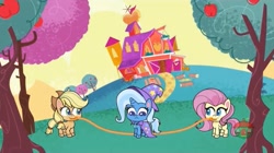 Size: 1669x933 | Tagged: safe, screencap, character:applejack, character:fluttershy, character:trixie, species:earth pony, species:pegasus, species:pony, species:unicorn, episode:friendship gems, g4.5, my little pony:pony life, spoiler:pony life s01e17, female, jump rope, mare, mouth hold, sweet apple acres
