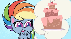 Size: 1280x708 | Tagged: safe, screencap, character:rainbow dash, species:pegasus, species:pony, episode:the fast and the furriest, g4.5, my little pony:pony life, spoiler:pony life s01e11, cake, food, happy, solo