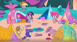 Size: 1194x660 | Tagged: safe, screencap, character:applejack, character:fluttershy, character:pinkie pie, character:rainbow dash, character:rarity, character:twilight sparkle, species:pony, episode:a camping we will go, g4.5, my little pony:pony life, spoiler:pony life s01e15, bipedal, camping, mane six, tent
