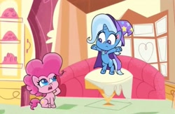 Size: 1280x833 | Tagged: safe, screencap, character:pinkie pie, character:trixie, species:earth pony, species:pony, species:unicorn, episode:friendship gems, g4.5, my little pony:pony life, spoiler:pony life s01e17, bipedal, cape, clothing, confused, hat, sitting