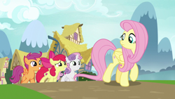 Size: 1920x1080 | Tagged: safe, screencap, character:apple bloom, character:fluttershy, character:scootaloo, character:sweetie belle, species:pegasus, species:pony, episode:growing up is hard to do, g4, my little pony: friendship is magic, cutie mark crusaders