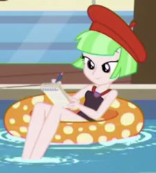 Size: 828x917 | Tagged: safe, screencap, character:drama letter, character:watermelody, species:eqg human, equestria girls:spring breakdown, g4, my little pony:equestria girls, beret, clothing, female, hat, inner tube, legs, notepad, pen, sleeveless, solo, solo focus, swimsuit, water