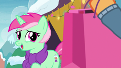 Size: 1280x720 | Tagged: safe, screencap, character:applejack, character:minty bubblegum, species:pony, species:unicorn, episode:best gift ever, g4, my little pony: friendship is magic, clothing, female, mare, scarf, shopping bags