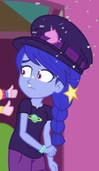 Size: 256x440 | Tagged: safe, screencap, episode:five lines you need to stand in, g4, my little pony:equestria girls, clothing, confetti, cropped, female, hat, space camp (character), thumbs up