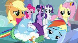 Size: 540x303 | Tagged: safe, screencap, character:applejack, character:fluttershy, character:pinkie pie, character:rainbow dash, character:rarity, character:tank, character:twilight sparkle, episode:tanks for the memories, g4, my little pony: friendship is magic, azteca 7, bed, pet, sad, tv azteca