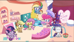 Size: 1366x768 | Tagged: safe, screencap, character:applejack, character:fluttershy, character:pinkie pie, character:rainbow dash, character:rarity, character:twilight sparkle, character:twilight sparkle (alicorn), species:alicorn, species:earth pony, species:pegasus, species:pony, species:unicorn, episode:badge of shame, g4.5, my little pony:pony life, spoiler:pony life s01e13, chef's hat, chubby cheeks, clothing, crying, cupcake, double chin, fat, female, food, hat, mane six, mare, nose in the air, ocular gushers, oven, twilard sparkle, weight gain
