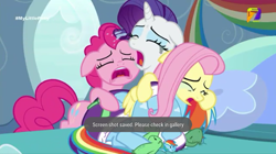 Size: 540x303 | Tagged: safe, screencap, character:fluttershy, character:pinkie pie, character:rainbow dash, character:rarity, character:tank, episode:tanks for the memories, g4, my little pony: friendship is magic, azteca 7, crying, pet, tv azteca