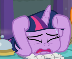 Size: 674x554 | Tagged: safe, screencap, character:twilight sparkle, character:twilight sparkle (alicorn), species:alicorn, species:pony, episode:a trivial pursuit, g4, my little pony: friendship is magic, bell, cropped, eyes closed, open mouth, solo, sweat, table, worried