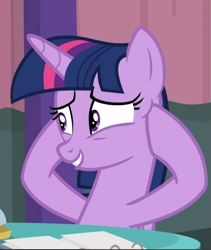 Size: 773x916 | Tagged: safe, screencap, character:twilight sparkle, character:twilight sparkle (alicorn), species:alicorn, species:pony, episode:a trivial pursuit, g4, my little pony: friendship is magic, cropped, hoof on head, smiling, solo