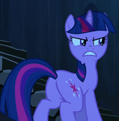 Size: 640x653 | Tagged: safe, screencap, character:twilight sparkle, character:twilight sparkle (unicorn), species:pony, species:unicorn, episode:the crystal empire, g4, my little pony: friendship is magic, angry, butt, cropped, female, juxtaposition bait, mare, plot, solo, twibutt