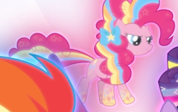 Size: 734x464 | Tagged: safe, screencap, character:pinkie pie, episode:twilight's kingdom, g4, my little pony: friendship is magic, cropped, floating, glow, rainbow power, rainbow power-ified, smiling, solo