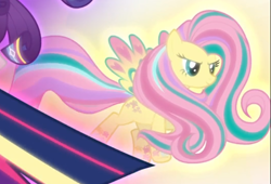 Size: 692x470 | Tagged: safe, screencap, character:fluttershy, episode:twilight's kingdom, g4, my little pony: friendship is magic, cropped, floating, glow, rainbow power, rainbow power-ified, smiling, solo