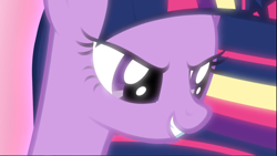 Size: 1668x939 | Tagged: safe, screencap, character:twilight sparkle, character:twilight sparkle (alicorn), species:alicorn, species:pony, episode:twilight's kingdom, g4, my little pony: friendship is magic, close-up, cropped, determined, evil grin, glow, grin, rainbow power, rainbow power-ified, smiling, smirk, solo
