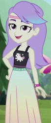 Size: 339x816 | Tagged: safe, screencap, equestria girls:sunset's backstage pass, g4, my little pony:equestria girls, bicolor mane, bracelet, clothing, cropped, dyed hair, female, headband, jewelry, long skirt, skirt, sleeveless, smiling, snow flower, solo, tank top