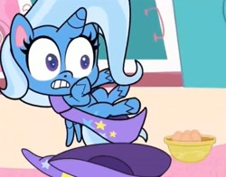 Size: 1216x951 | Tagged: safe, screencap, character:trixie, species:alicorn, species:pony, episode:friendship gems, g4.5, my little pony:pony life, spoiler:pony life s01e17, alicornified, cape, clothing, cropped, egg, hat, race swap, trixie's cape, trixie's hat, trixiecorn