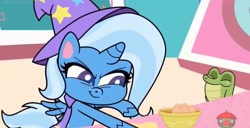 Size: 1864x956 | Tagged: safe, screencap, character:gummy, character:trixie, species:alicorn, species:pony, episode:friendship gems, g4.5, my little pony:pony life, spoiler:pony life s01e17, alicornified, alligator, cape, clothing, egg, female, hat, mare, race swap, trixie's cape, trixie's hat, trixiecorn