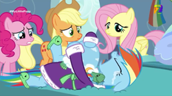 Size: 540x303 | Tagged: safe, screencap, character:applejack, character:fluttershy, character:pinkie pie, character:rainbow dash, character:tank, species:alicorn, species:pony, episode:tanks for the memories, g4, my little pony: friendship is magic, azteca 7, crying, tv azteca